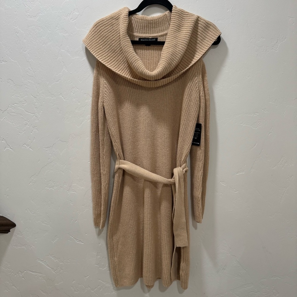 NWT Boston Proper Cold-Shoulder Lurex Cowl-Neck Sweater Dress Tan Gold Medium - Picture 5 of 15